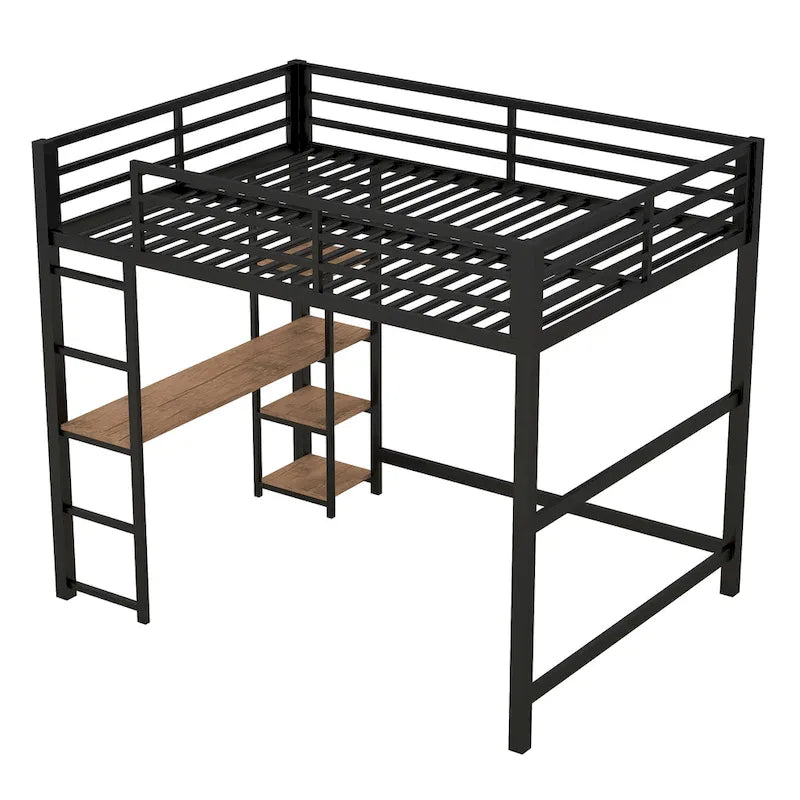 Full Size Metal Loft Bed with Built-in Desk and 4-Tier Storage Shelves