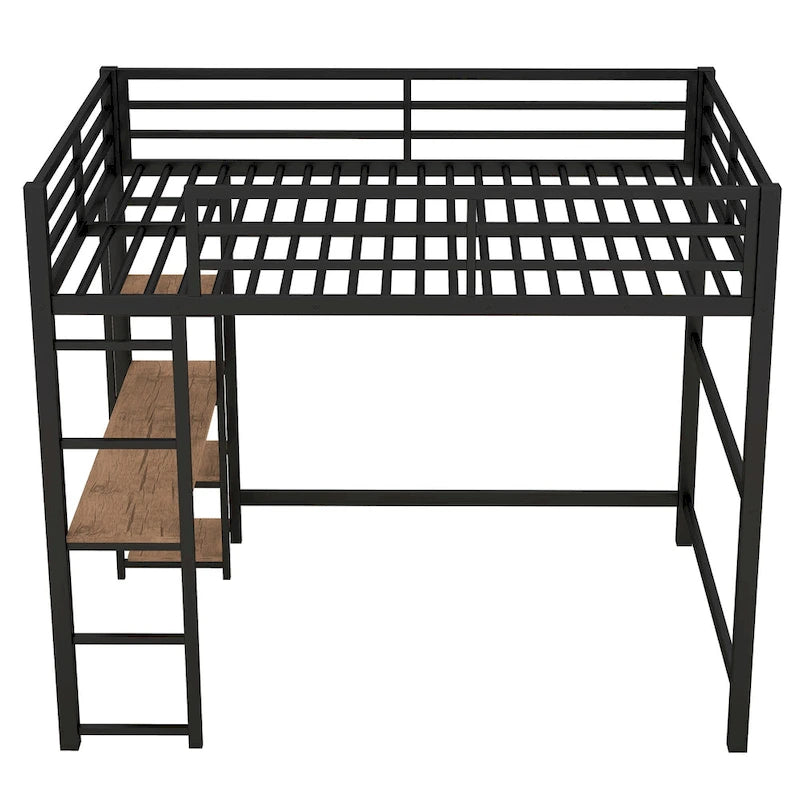 Full Size Metal Loft Bed with Built-in Desk and 4-Tier Storage Shelves