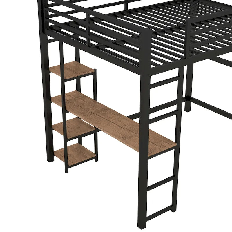 Full Size Metal Loft Bed with Built-in Desk and 4-Tier Storage Shelves