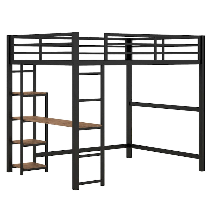 Full Size Metal Loft Bed with Built-in Desk and 4-Tier Storage Shelves