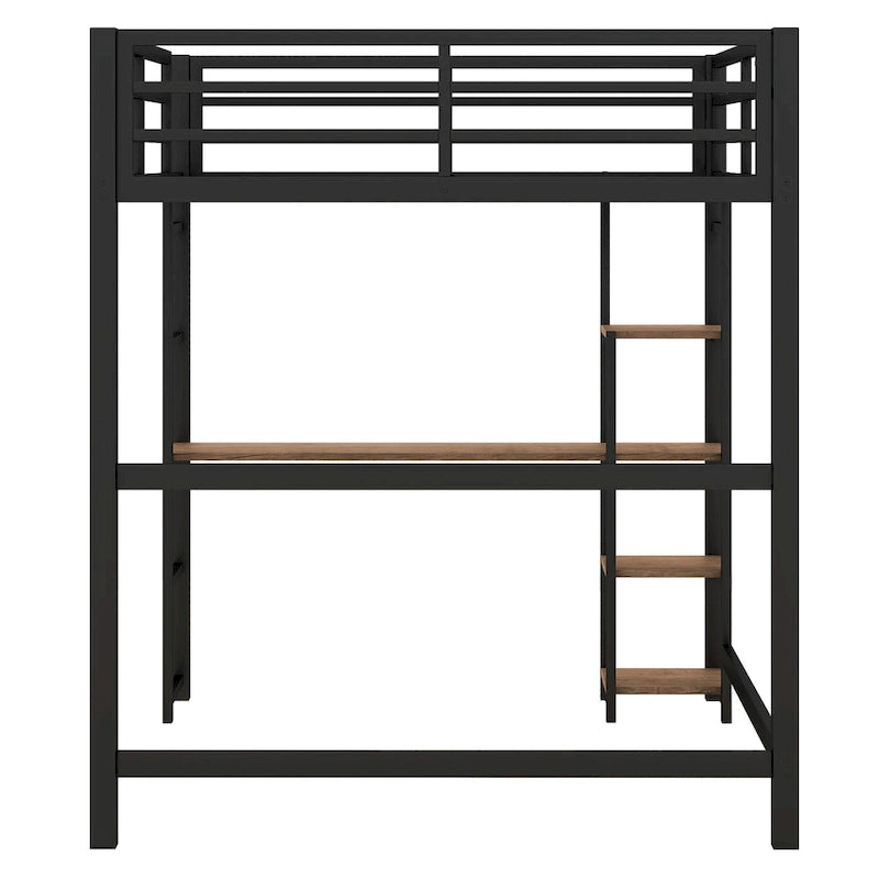 Full Size Metal Loft Bed with Built-in Desk and 4-Tier Storage Shelves