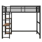Full Size Metal Loft Bed with Built-in Desk and 4-Tier Storage Shelves
