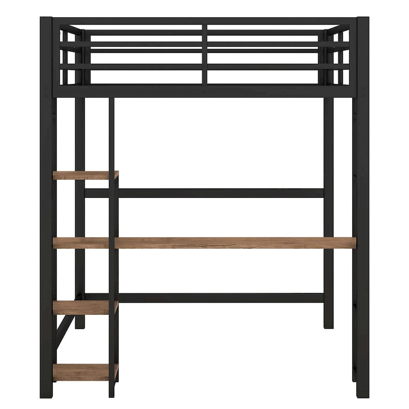 Full Size Metal Loft Bed with Built-in Desk and 4-Tier Storage Shelves