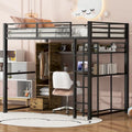 Full Size Metal Loft Bed with Built-in Wardrobe, Desk and Storage Shelves