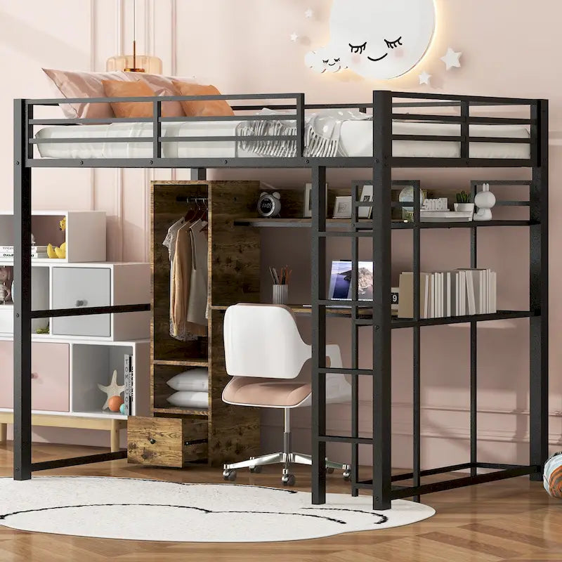 Full Size Metal Loft Bed with Built-in Wardrobe, Desk and Storage Shelves