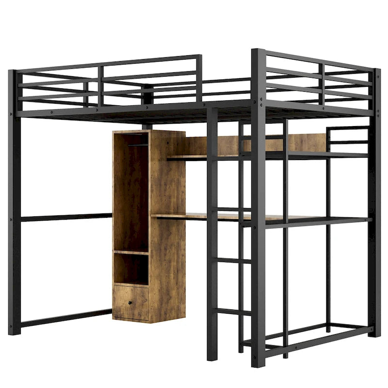 Full Metal Loft Bed with Built-in Wardrobe & Desk