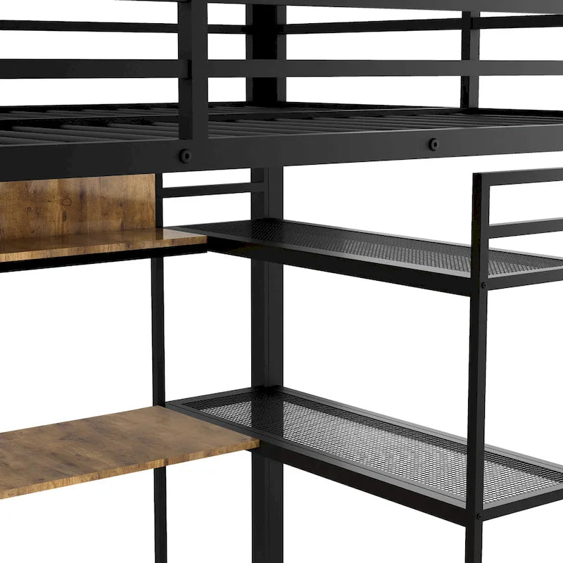 Full Size Metal Loft Bed with Built-in Wardrobe, Desk and Storage Shelves