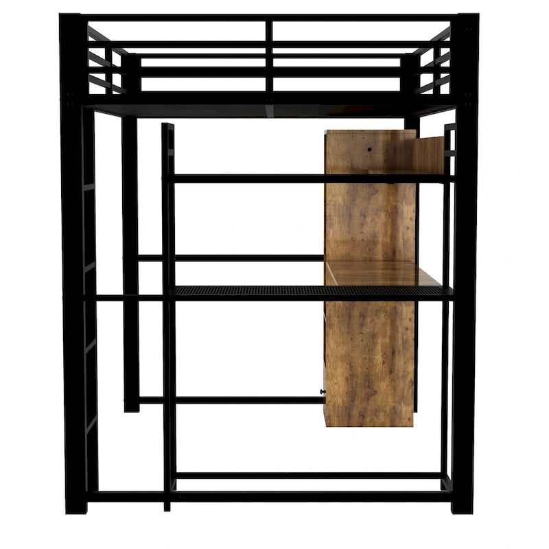 Full Size Metal Loft Bed with Built-in Wardrobe, Desk and Storage Shelves
