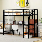 Black Modern Twin Size Metal Loft Bed with L-Shaped Desk, Wardrobe and Shelves