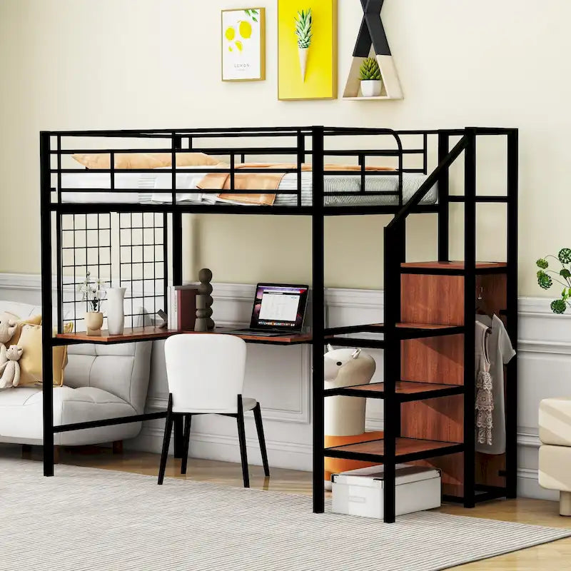 Black Modern Twin Size Metal Loft Bed with L-Shaped Desk, Wardrobe and Shelves