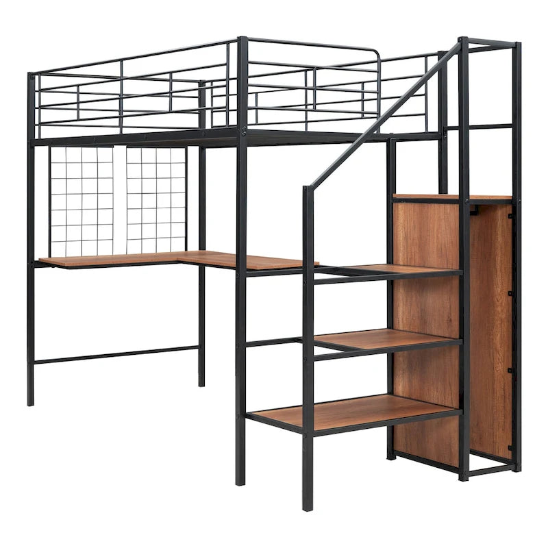 Black Modern Twin Metal Loft Bed with Storage