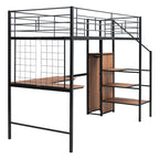 Black Modern Twin Size Metal Loft Bed with L-Shaped Desk, Wardrobe and Shelves