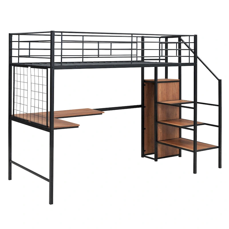 Black Modern Twin Size Metal Loft Bed with L-Shaped Desk, Wardrobe and Shelves