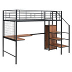 Black Modern Twin Size Metal Loft Bed with L-Shaped Desk, Wardrobe and Shelves