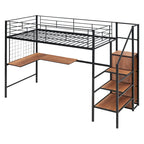 Black Modern Twin Size Metal Loft Bed with L-Shaped Desk, Wardrobe and Shelves