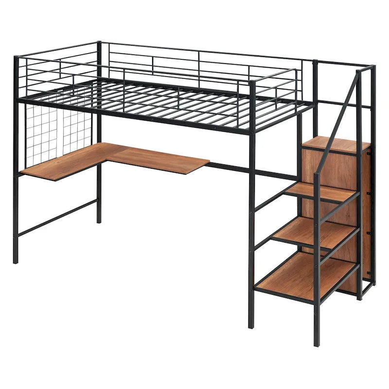 Black Modern Twin Size Metal Loft Bed with L-Shaped Desk, Wardrobe and Shelves