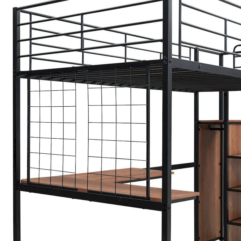 Black Modern Twin Size Metal Loft Bed with L-Shaped Desk, Wardrobe and Shelves