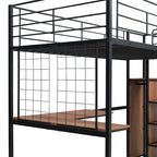 Black Modern Twin Size Metal Loft Bed with L-Shaped Desk, Wardrobe and Shelves