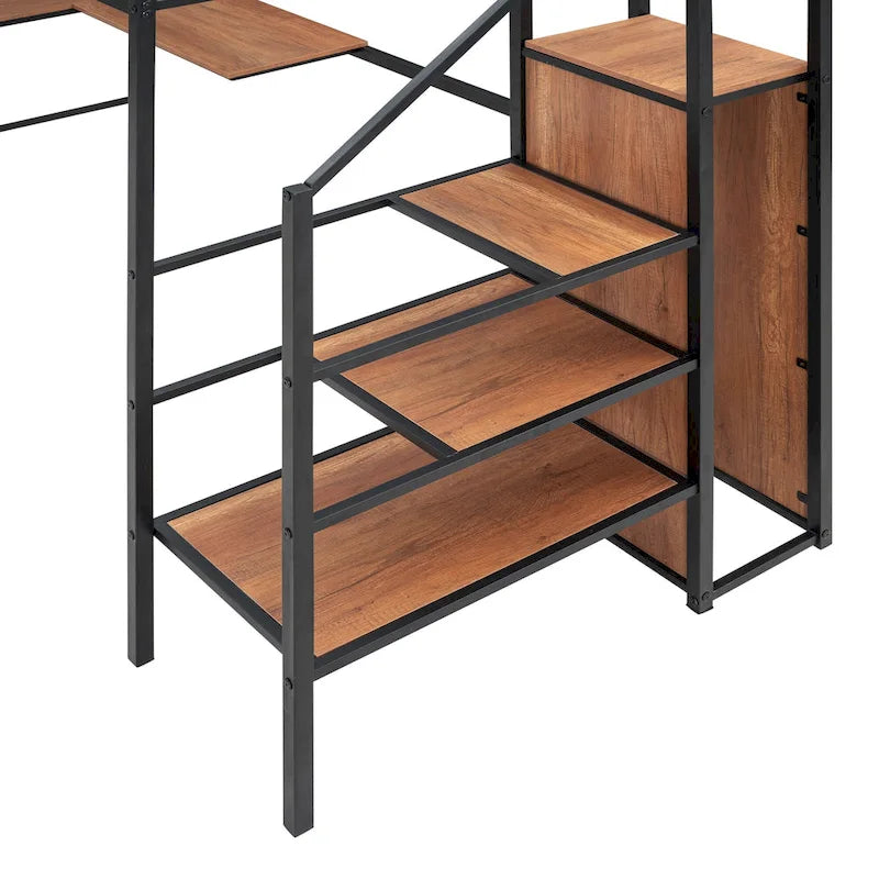 Black Modern Twin Size Metal Loft Bed with L-Shaped Desk, Wardrobe and Shelves