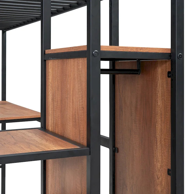 Black Modern Twin Size Metal Loft Bed with L-Shaped Desk, Wardrobe and Shelves