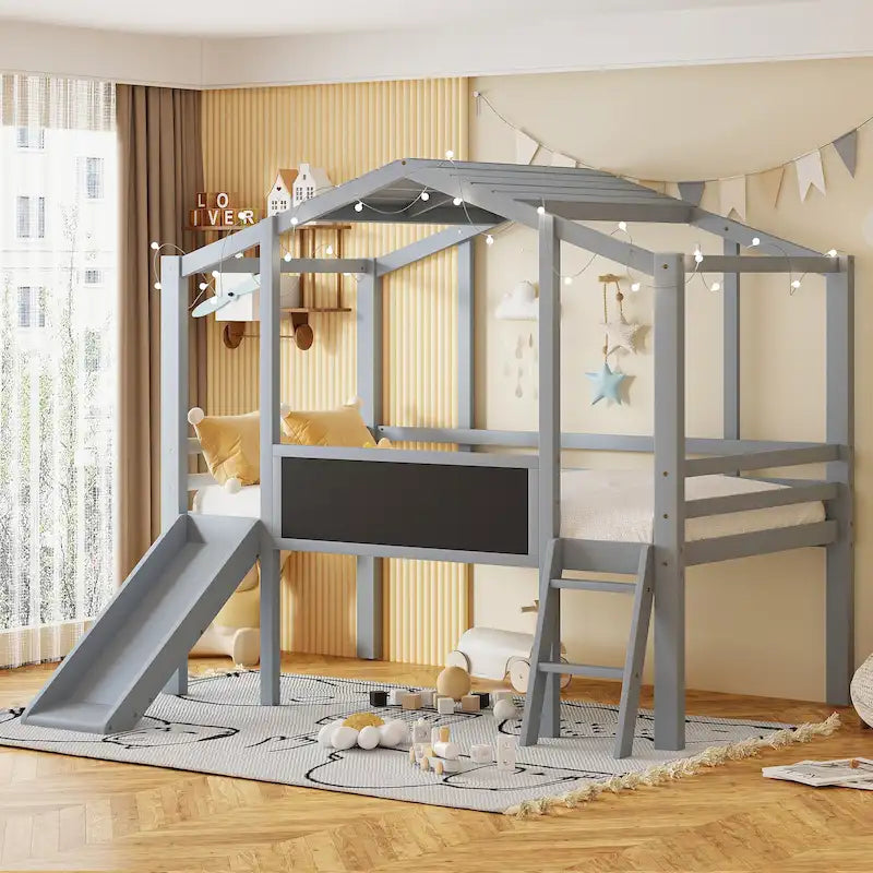 Grey Twin Size Wood House Loft Bed with Slide, LED Light and Blackboard