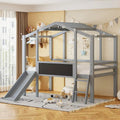 Grey Twin Size Wood House Loft Bed with Slide, LED Light and Blackboard