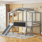 Grey Twin Size Wood House Loft Bed with Slide, LED Light and Blackboard