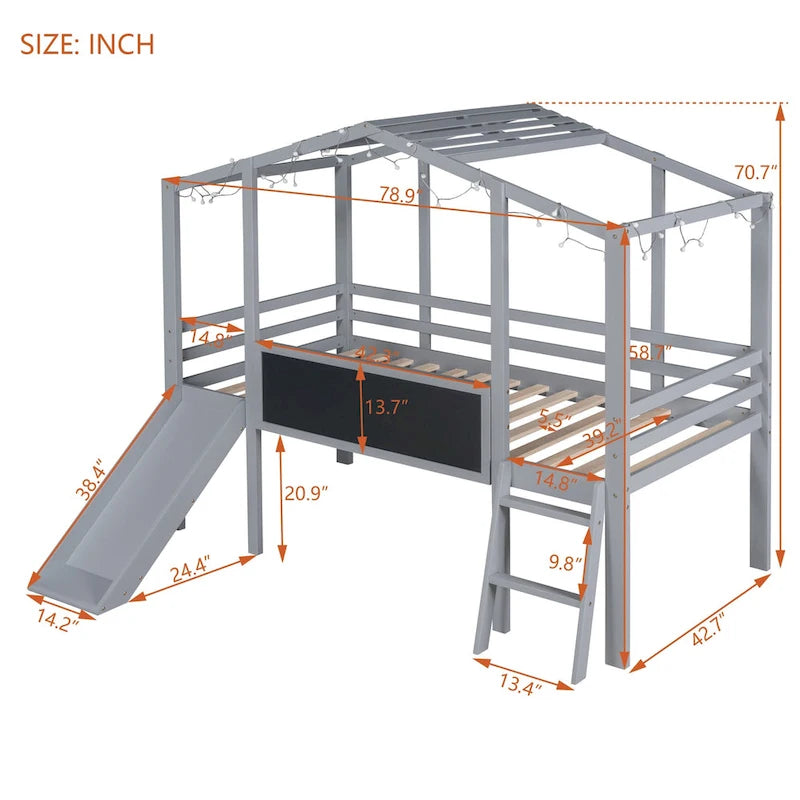 Grey Twin Loft House Bed with Slide