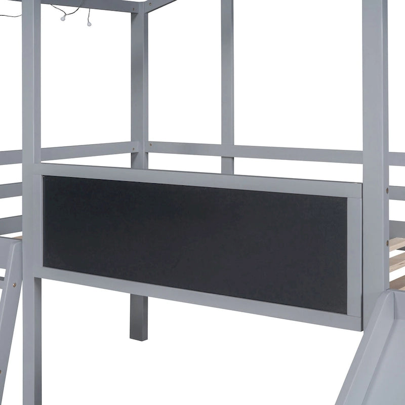 Grey Twin Size Wood House Loft Bed with Slide, LED Light and Blackboard