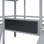 Grey Twin Size Wood House Loft Bed with Slide, LED Light and Blackboard