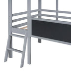 Grey Twin Size Wood House Loft Bed with Slide, LED Light and Blackboard