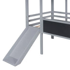 Grey Twin Size Wood House Loft Bed with Slide, LED Light and Blackboard