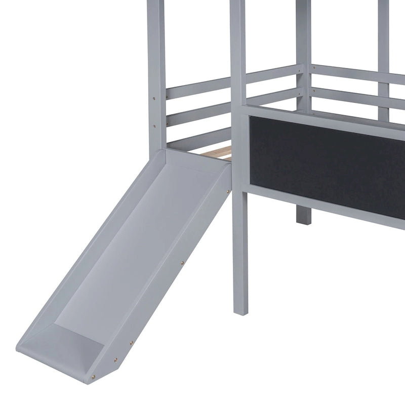 Grey Twin Size Wood House Loft Bed with Slide, LED Light and Blackboard