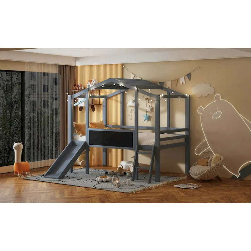 Grey Twin Size Wood House Loft Bed with Slide, LED Light and Blackboard