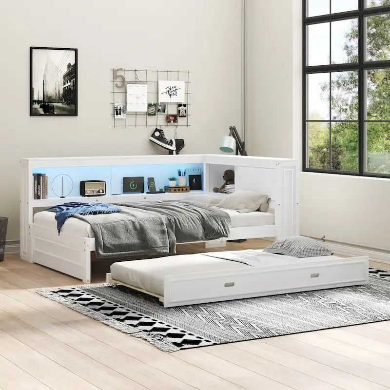 Modern Wood Platform Bed, Full Size Daybed with Storage Shelves, USB and LED, L Shape Floor-Bed with Trundle for Bedroom