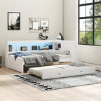 Modern Wood Platform Bed, Full Size Daybed with Storage Shelves, USB and LED, L Shape Floor-Bed with Trundle for Bedroom