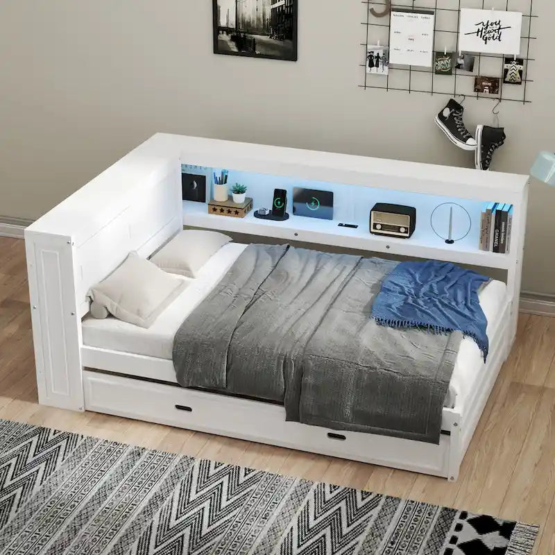 Modern Wood Platform Bed, Full Size Daybed with Storage Shelves, USB and LED, L Shape Floor-Bed with Trundle for Bedroom