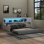 Modern Wood Platform Bed, Full Size Daybed with Storage Shelves, USB and LED, L Shape Floor-Bed with Trundle for Bedroom