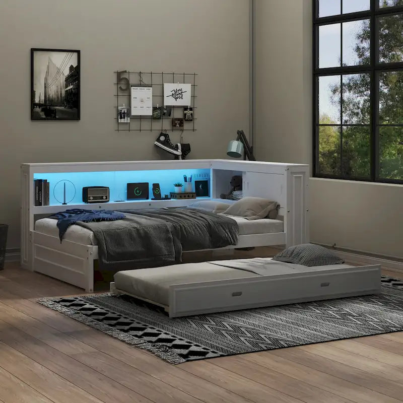 Modern Wood Platform Bed, Full Size Daybed with Storage Shelves, USB and LED, L Shape Floor-Bed with Trundle for Bedroom