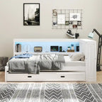Modern Wood Platform Bed, Full Size Daybed with Storage Shelves, USB and LED, L Shape Floor-Bed with Trundle for Bedroom