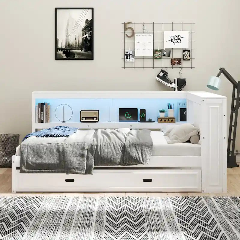 Modern Wood Platform Bed, Full Size Daybed with Storage Shelves, USB and LED, L Shape Floor-Bed with Trundle for Bedroom