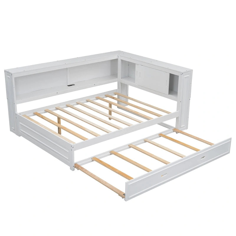 Modern Wood Platform Bed, Full Size Daybed with Storage Shelves, USB and LED, L Shape Floor-Bed with Trundle for Bedroom