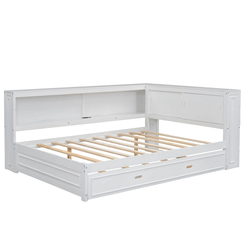 Modern Wood Platform Bed, Full Size Daybed with Storage Shelves, USB and LED, L Shape Floor-Bed with Trundle for Bedroom