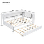 Modern Wood Platform Bed, Full Size Daybed with Storage Shelves, USB and LED, L Shape Floor-Bed with Trundle for Bedroom