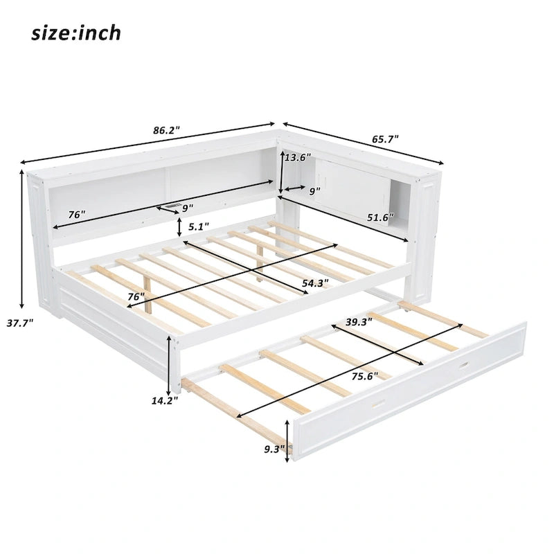 Modern Wood Platform Bed, Full Size Daybed with Storage Shelves, USB and LED, L Shape Floor-Bed with Trundle for Bedroom