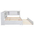Modern Wood Platform Bed, Full Size Daybed with Storage Shelves, USB and LED, L Shape Floor-Bed with Trundle for Bedroom