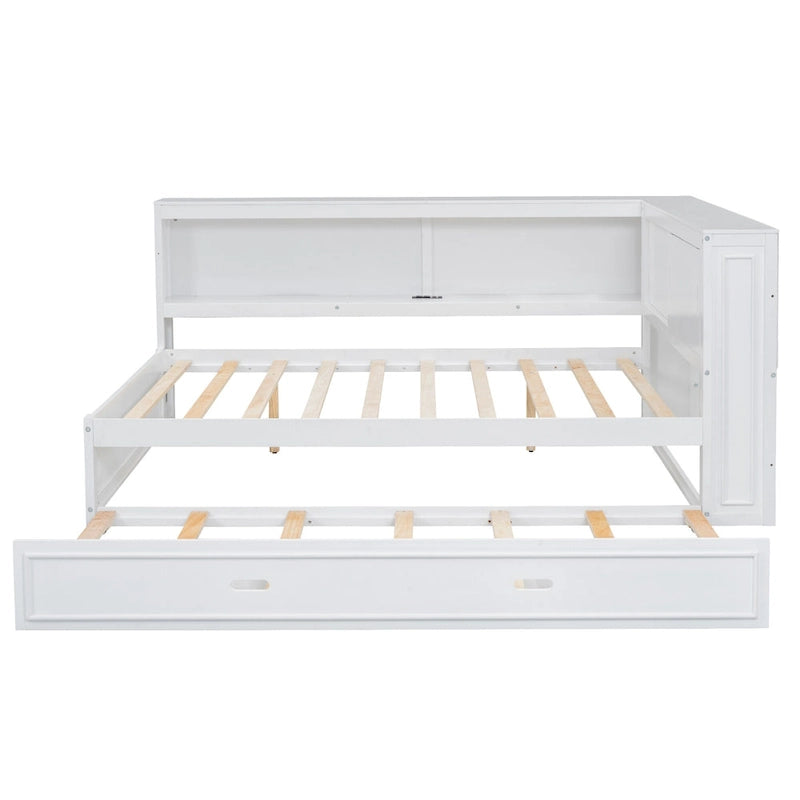 Modern Wood Platform Bed, Full Size Daybed with Storage Shelves, USB and LED, L Shape Floor-Bed with Trundle for Bedroom