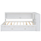 Modern Wood Platform Bed, Full Size Daybed with Storage Shelves, USB and LED, L Shape Floor-Bed with Trundle for Bedroom