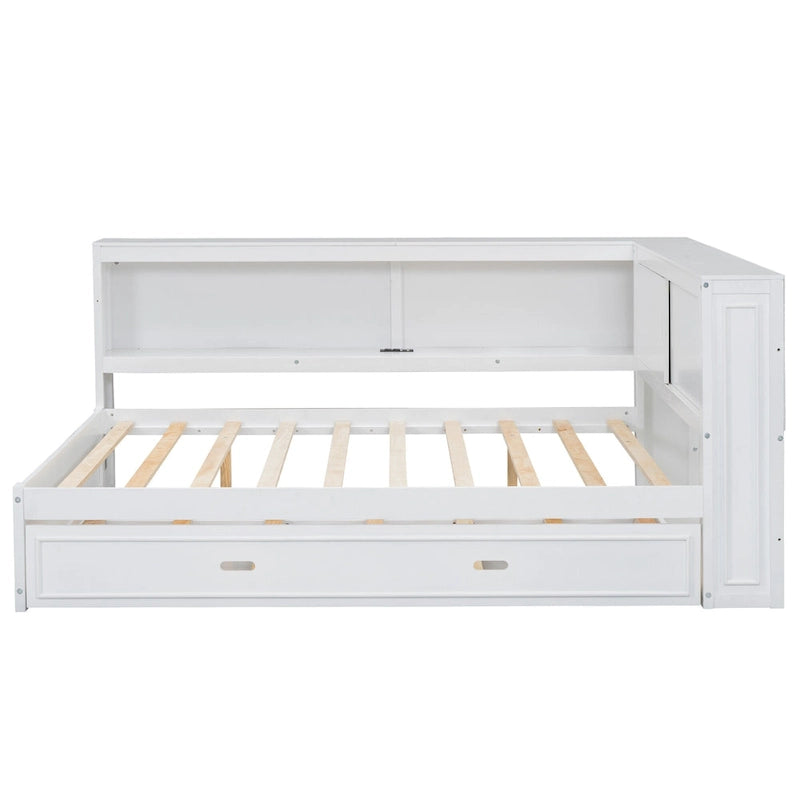 Modern Wood Platform Bed, Full Size Daybed with Storage Shelves, USB and LED, L Shape Floor-Bed with Trundle for Bedroom