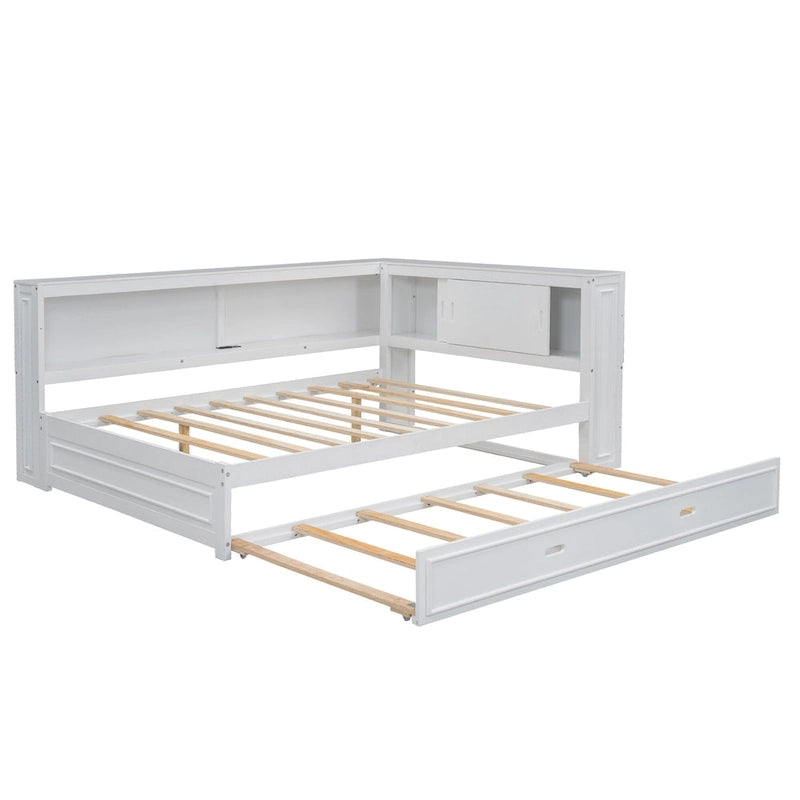Modern Wood Platform Bed, Full Size Daybed with Storage Shelves, USB and LED, L Shape Floor-Bed with Trundle for Bedroom